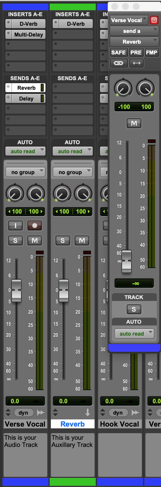 A screenshot of an audio track, an auxiliary track, and a send fader window